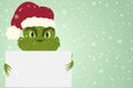 Winter illustration with christmas character, grinch with lettering sign and background on the side. Christmas background